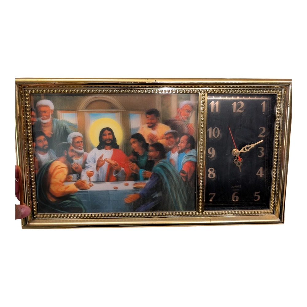 Vintage Last Supper Religious 3D Wall Clock Gold Beaded Frame 15.5x9.5